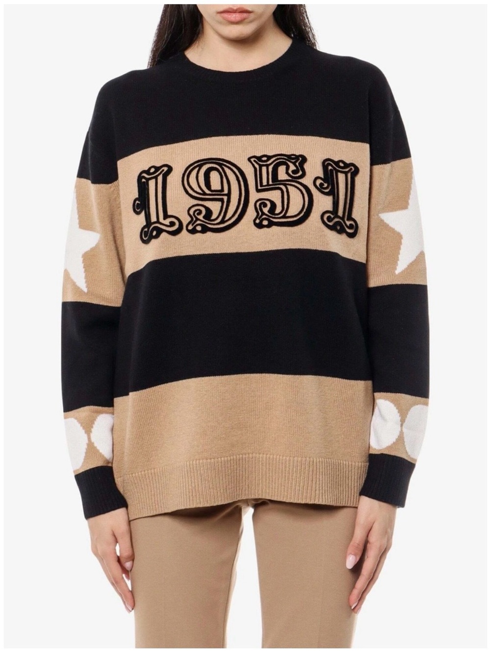 Max Mara MaxMara Dirce 1951 Wool Cashmere Striped Star Sweater Black Tan White L